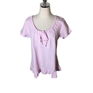 Russ Berens Top Women's Size XL Pink 100% Linen Short Sleeve Drawstring Neck